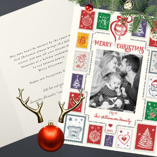 Whimsische Retro Postzegel Kerst Illustratie Foto Kaart