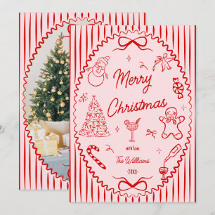 Whimsische rood roze handgetekende kerstfoto feestdagenkaart