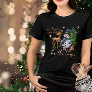 Whimsische Sneeuwman & Herten Festieve Vrouwelijke Tri-Blend Shirt