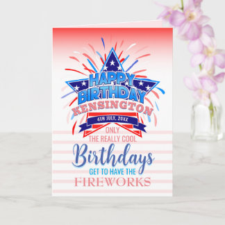 Whimsische verjaardag met vuurwerk op 4 juli kaart
