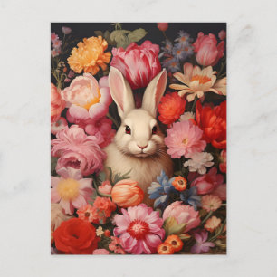 Whimsische Vintage Konijn Lente Bloemen Feestdagenkaart