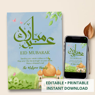 Whimsische Waterverf Moskee Illustratie Eid Kaart