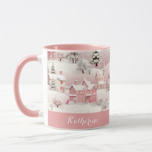 Whimsische Winter Roze Dorp Kerstmoker Mok (Links)