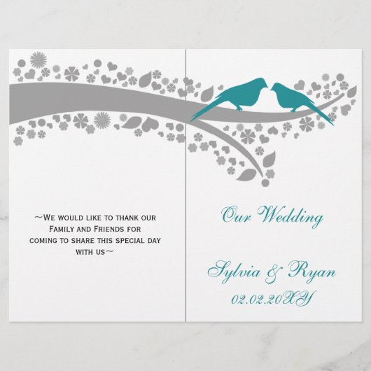 whimsy aqua lovebird folded Wedding Programme (Voorkant)