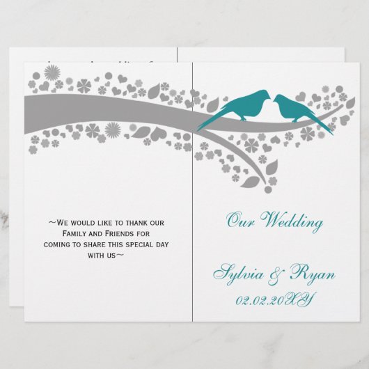 whimsy aqua lovebird folded Wedding Programme (Voorkant / Achterkant)