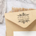 Whimsy Botanical Nom de famille et adresse de reto<br><div class="desc">Timbres d'adresse de retour personnalisés avec cadre botanique et typographie de script moderne. Les caractéristiques de design des feuilles fantaisistes dessinés à la main de différentes formes et tailles encadrent votre nom de famille en lettres chic et votre adresse de retour dans une simple police sans-serif. Parfait pour les bureaux...</div>