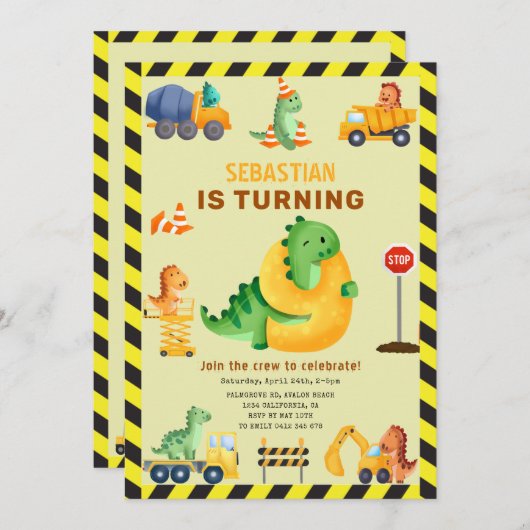 Whimsy Dinosaurus Bouw 9e Verjaardagsfeestje Kaart (Voorkant / Achterkant)