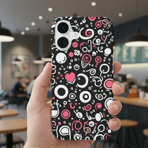 Whimsy Doodle Vibes – Abstracte Harten & Spiralen iPhone 16 Hoesje