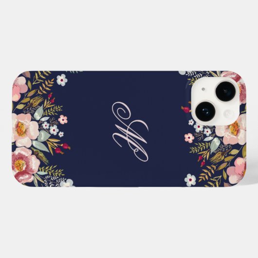 Whimsy Floral Monogram Navy Case-Mate iPhone Case (Achterkant (horizontaal))
