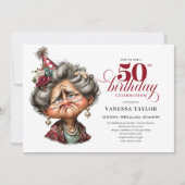 Whimsy funny grumpy woman fifty party editable kaart (Voorkant)