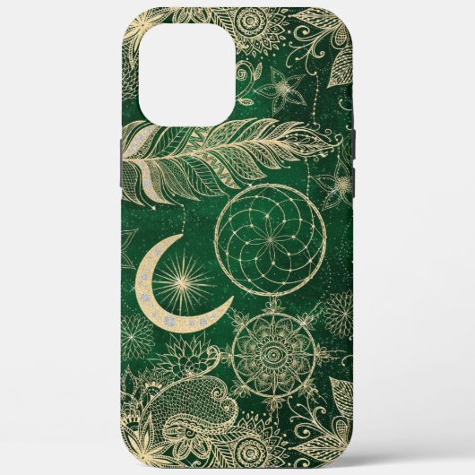 Whimsy Gold en Green Dreamweaver Feathers Mandala Case-Mate iPhone Case (Achterkant)