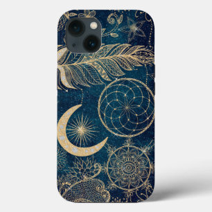 Whimsy Gold Glitter Drocatcher Feathers Mandala iPhone 13 Hoesje