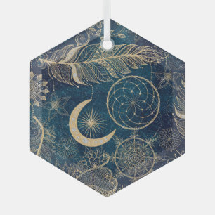 Whimsy Gold Glitter Drocatcher Feathers Mandala Glas Ornament