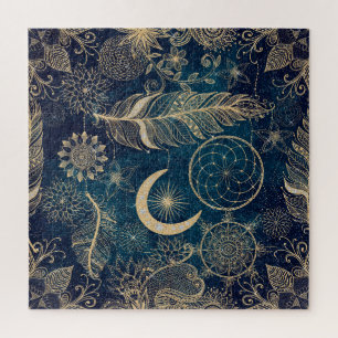 Whimsy Gold Glitter Drocatcher Feathers Mandala Legpuzzel