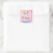 Whimsy Happy Birthday Name Persoonlijk Roze Vierkante Sticker (Tas)