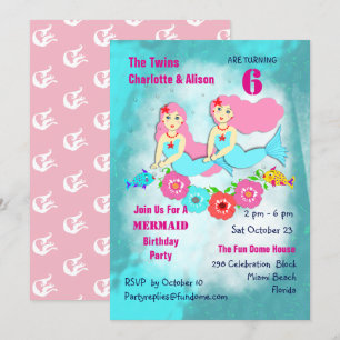Whimsy Mermaid Twin Girls Birthday Party Invite Kaart