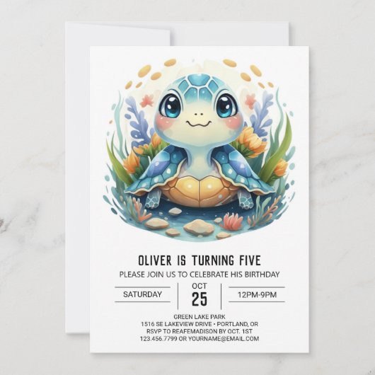 Whimsy Printable Waterverf Turtle Boy Verjaardag Kaart (Voorkant)