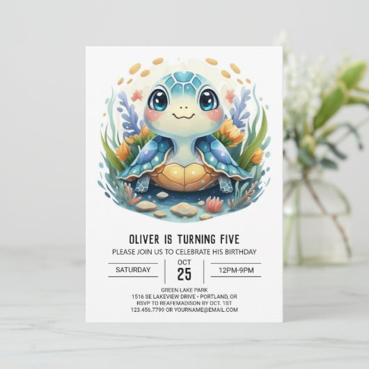 Whimsy Printable Waterverf Turtle Boy Verjaardag Kaart (Staand voorkant)