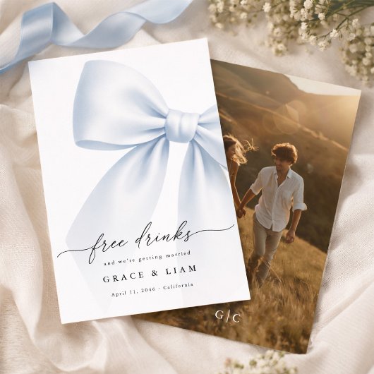 Whimsy Script Bow Free Drinks Wedding Photo Save The Date