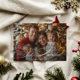 Whimsy Script Familiefoto Feliz Navidad Red Feestdagenkaart