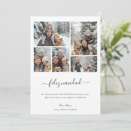 Whimsy Script Feliz Navidad 5 Foto Kerstmis Feestdagenkaart (Staand voorkant)