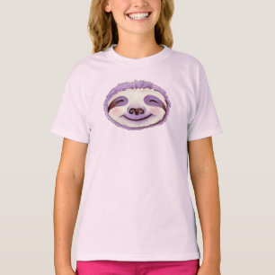 Whimsy sloth gezicht paarse waterverf kunst t-shirt