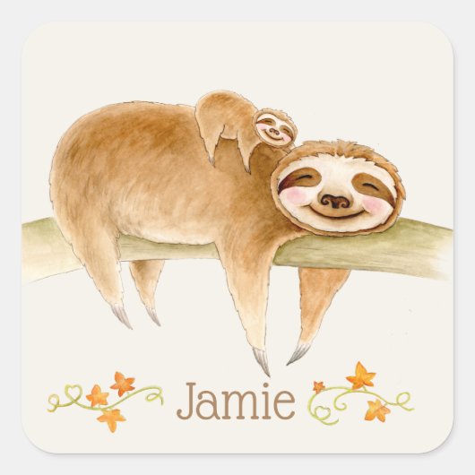 Whimsy sloth waterverf aangepaste naam vierkante sticker (Voorkant)