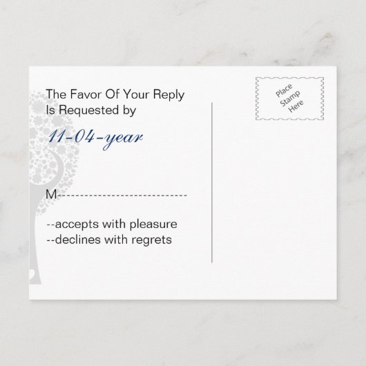 Whimsy Tree Navy Blue Lovebirds Mod Bruiloft RSVP Uitnodiging Briefkaart (Achterkant)