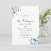 Whimsy Waterverf Blue Botanical Script Wedding Kaart (Staand voorkant)