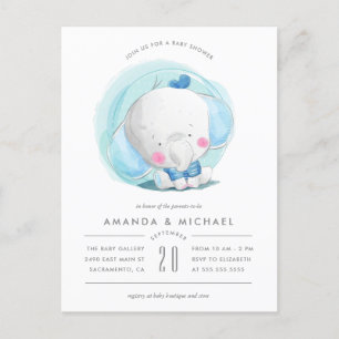 Whimsy Waterverf Elephant Blue Boy's Baby shower Uitnodiging Briefkaart