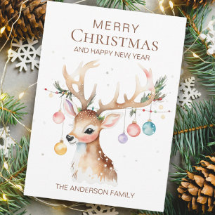 Whimsy Waterverf Kerstmis Ornament Rendier Flat Feestdagenkaart