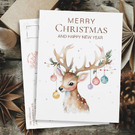 Whimsy Waterverf Rendieren met Kerstmis Ornament Briefkaart