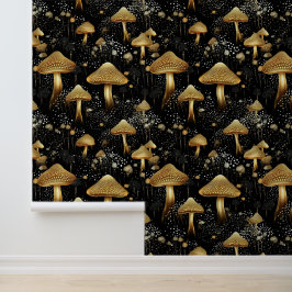 Whimsy Zwart Goud Paddenstoelen Patroon Peel en St Behang
