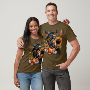 Whimzische Kraai met Pompoenen en Zonnebloemen T-shirt