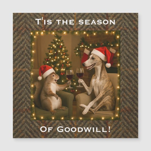 Whippet and Squirrel Christmas magnetic card (Voorkant)