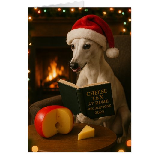 Whippet 'Cheese Tax' Christmas card white / cream (Devant)