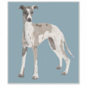 Whippet grijs en wit, blauwe achtergrond sticker (Voorkant)