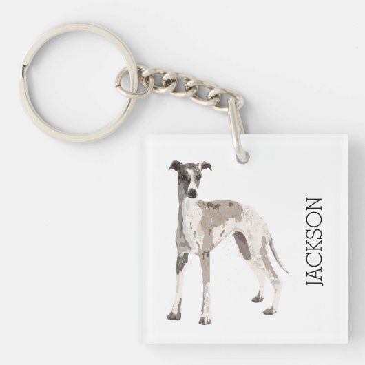 Whippet grijs en wit sleutelhanger (voorkant)