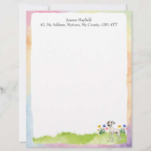 Whippet Letterhead 8.5"x 11"Aquarelontwerp Briefhoofd (Voorkant)