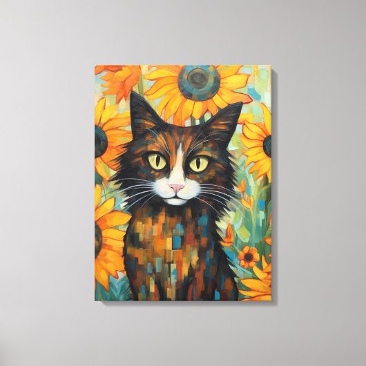 Whiskers en Zonnebloem Verrukking Kat Lover's Canvas Afdruk (Voorkant)