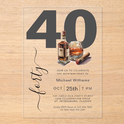 Whiskey en Sigaren Mannelijk 40e Verjaardagsfeest Acryl Uitnodigingen (Voorkant)