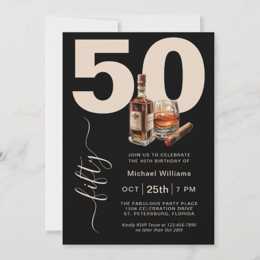 Whiskey en Sigaren Mannelijk 50e Verjaardagsfeest Kaart (Voorkant)