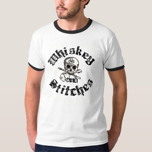 Whiskey en Stitches Mannen Ringer T-shirt (Voorkant)