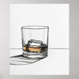 Whiskey op de rotsen glas minimalistische lijn art poster