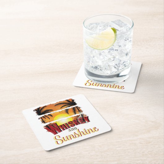 Whisky en zon, zomerzonsondergang vierkante kartonnen onderzetter (Insitu)