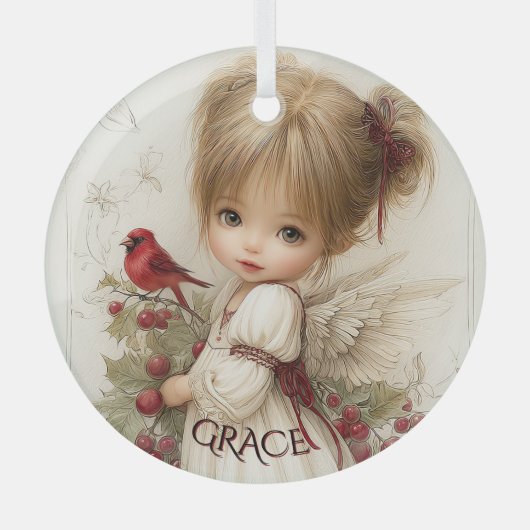 Whispers of Winter – Fairy Child with Cardinal Glas Ornament (Voorkant)