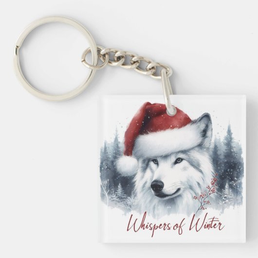Whispers of Winter - Waterverf Wolf in Santa Hat Sleutelhanger (voorkant)
