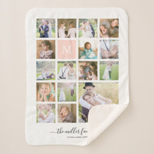 White 16 Photo Collage Monogram Name Calligraphy Sherpa Deken