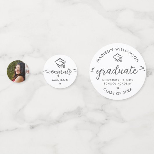 White 3 Photo Afstuderen Modern Script Hearts Pet Confetti (Voorkanten)