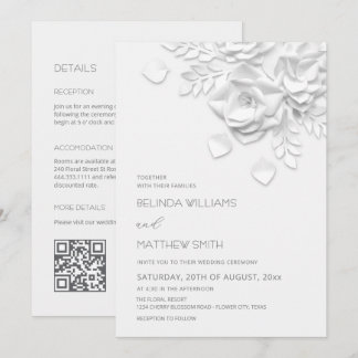 White 3D Flowers Roses All-In-One Wedding Kaart